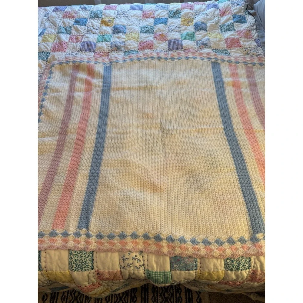 Crochet BABY BLANKET AFGHAN  36 X 42‎ White Blue Pink Girl Or Boy Beautiful!
